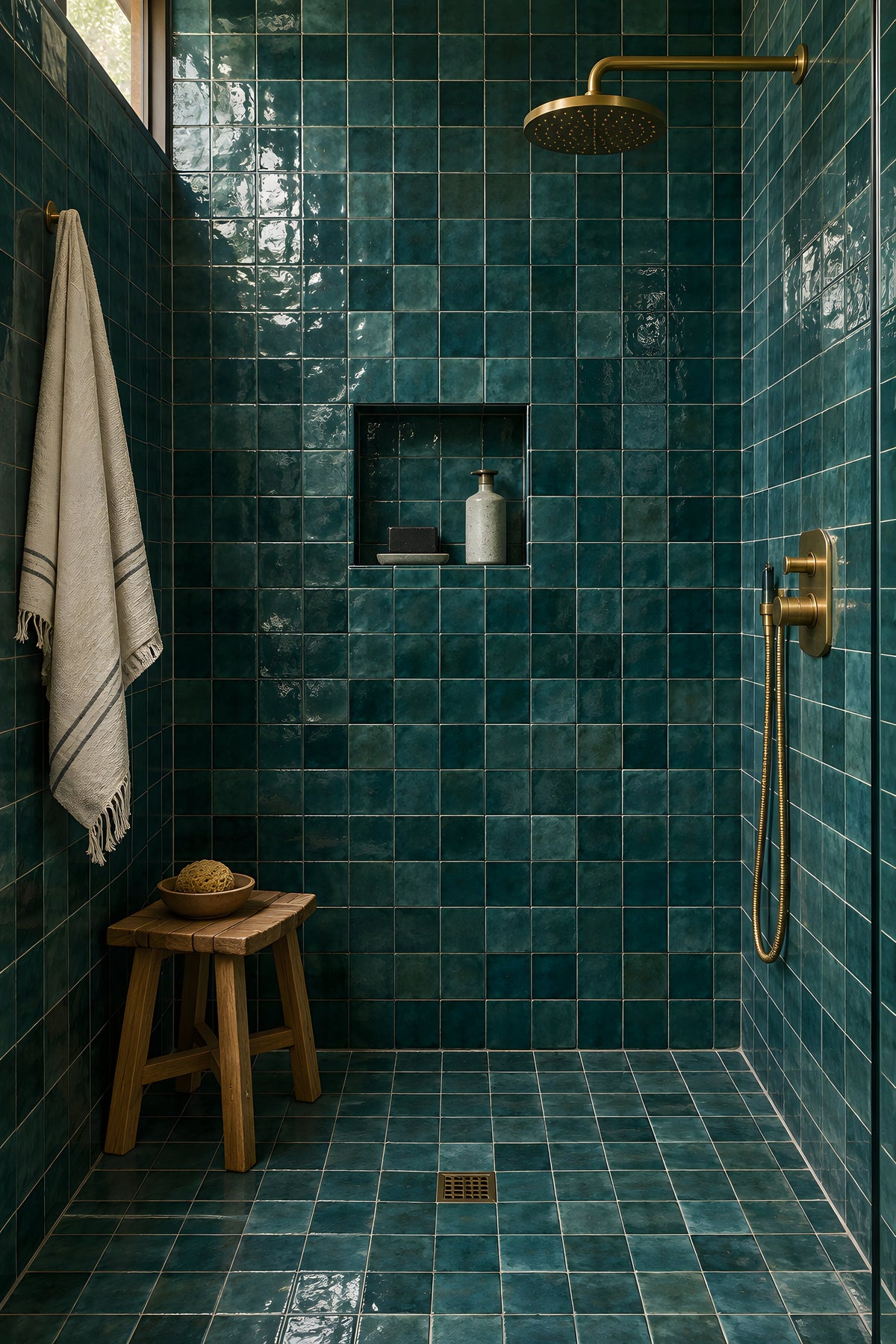 Douche à l’italienne en zellige bleu canard
