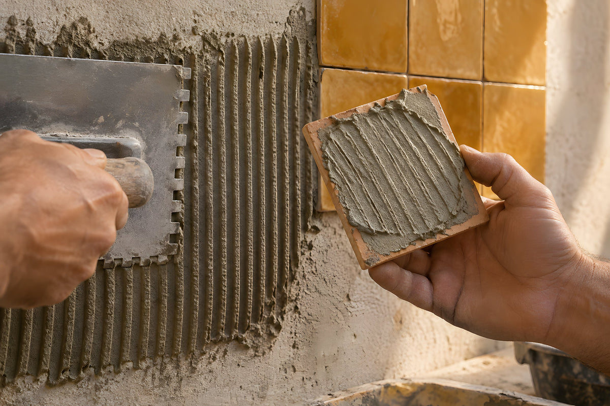 Colle étalée au peigne sur le mur et au dos d’un carreau de zellige ocre