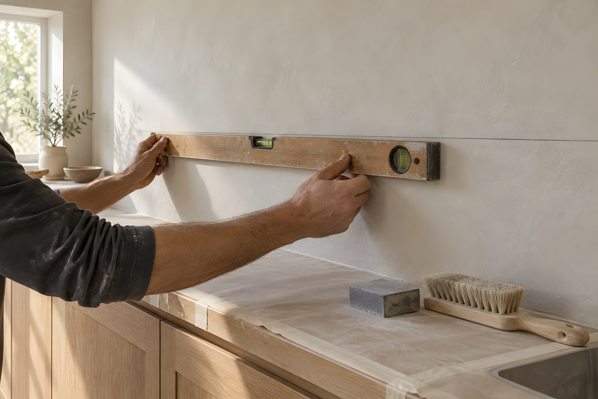Mur enduit contrôlé au niveau avant la pose du zellige