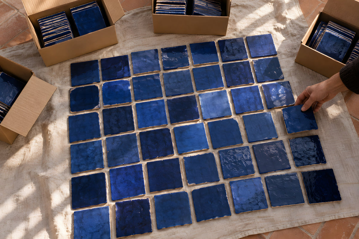 Carreaux de zellige bleu de plusieurs boîtes mélangés sur une bâche