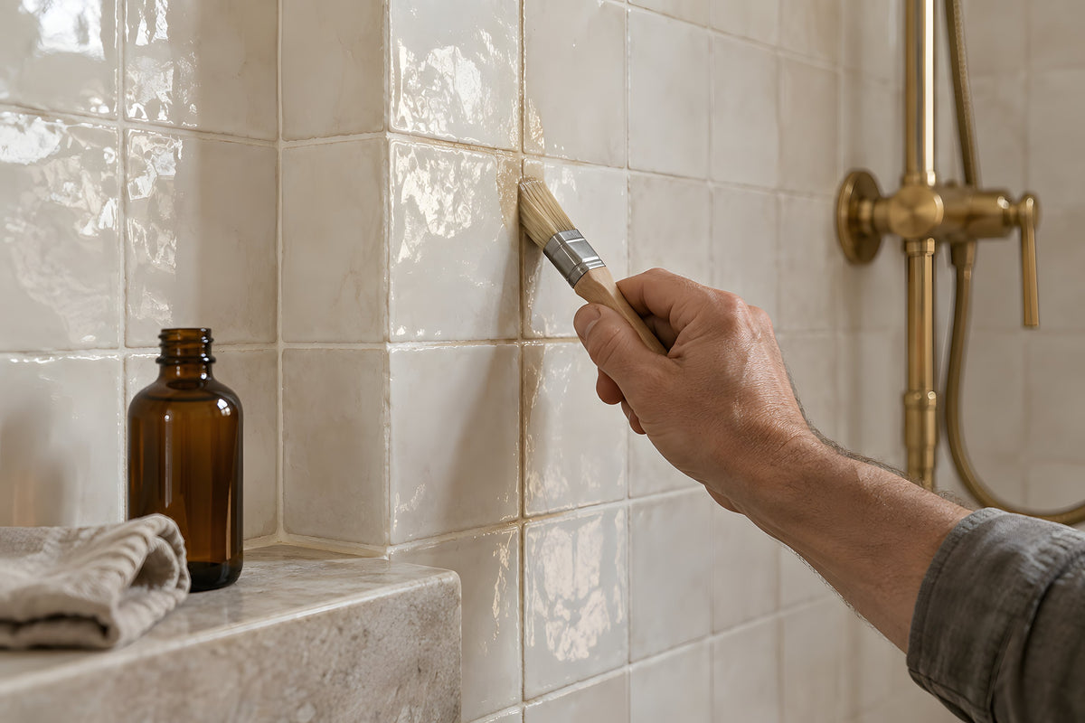 Imperméabilisant appliqué au pinceau sur les joints d’une douche en zellige blanc
