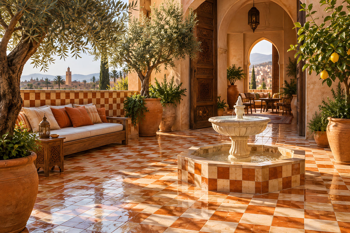 Patio en damier orange brûlé et beige